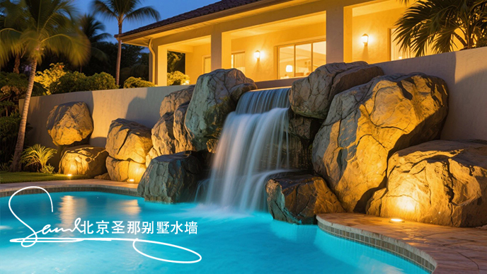 jimeng-2025-06-20-5942-這是一處戶外水墻景觀。畫面中心是一座漂亮的水泥塑石水墻，水從水墻流到水池中，池水....jpeg